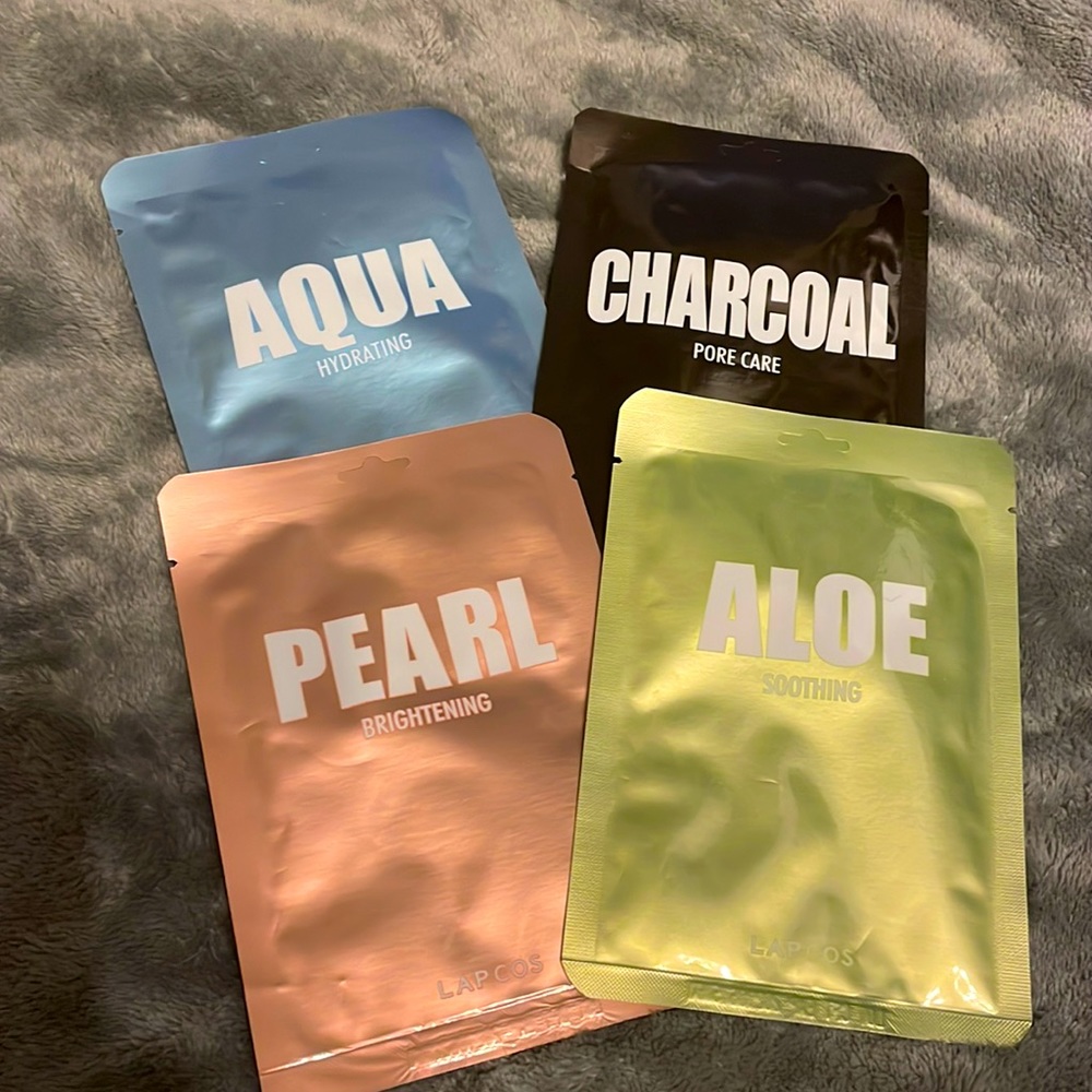 4 Lapcos Masks Face Sheet Skin Care Face Mask, Aloe, Pearl, Aqua, charcoal, New